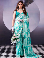 Fantabulous Teal Blue Floral Printed Satin Event Wear Saree With Blouse