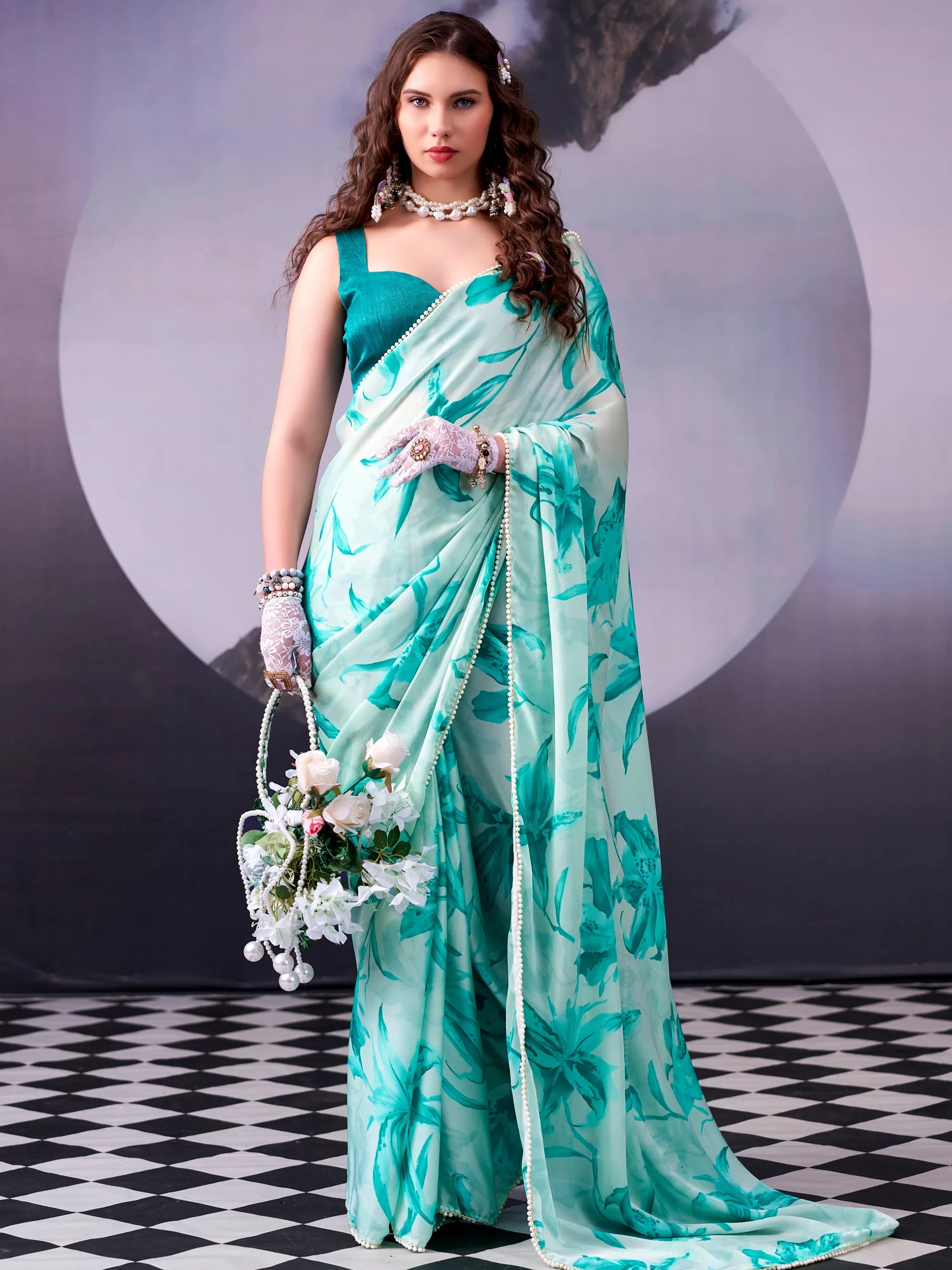 Fantabulous Teal Blue Floral Printed Satin Event Wear Saree With Blouse