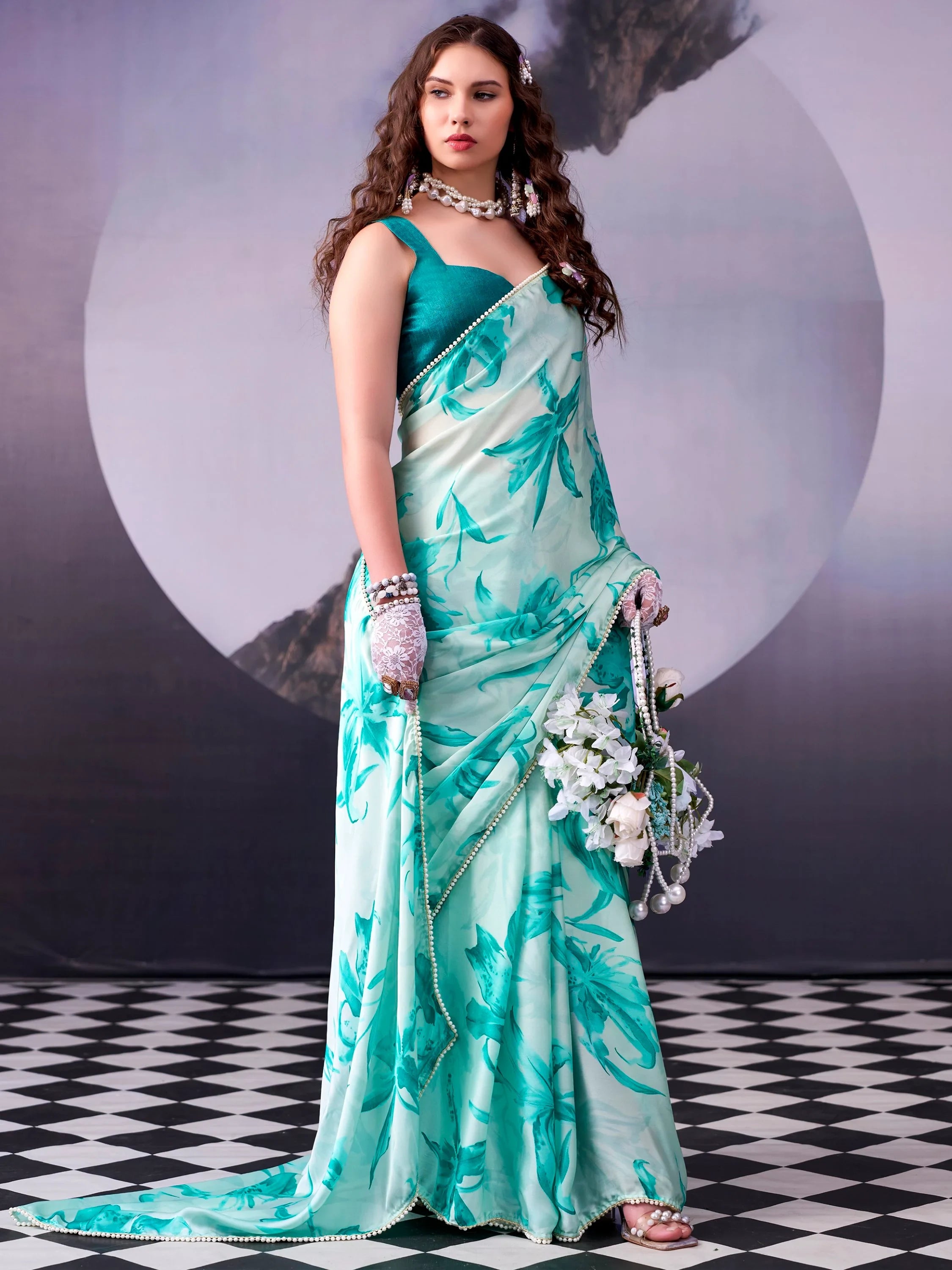Fantabulous Teal Blue Floral Printed Satin Event Wear Saree With Blouse