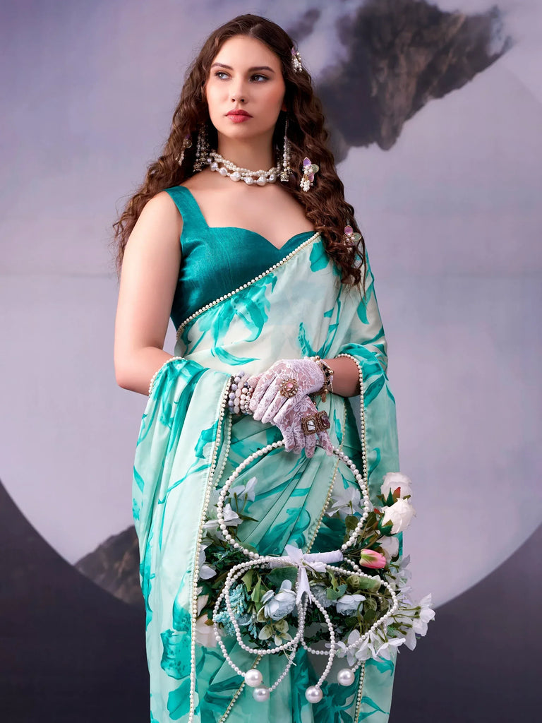 Fantabulous Teal Blue Floral Printed Satin Event Wear Saree With Blouse