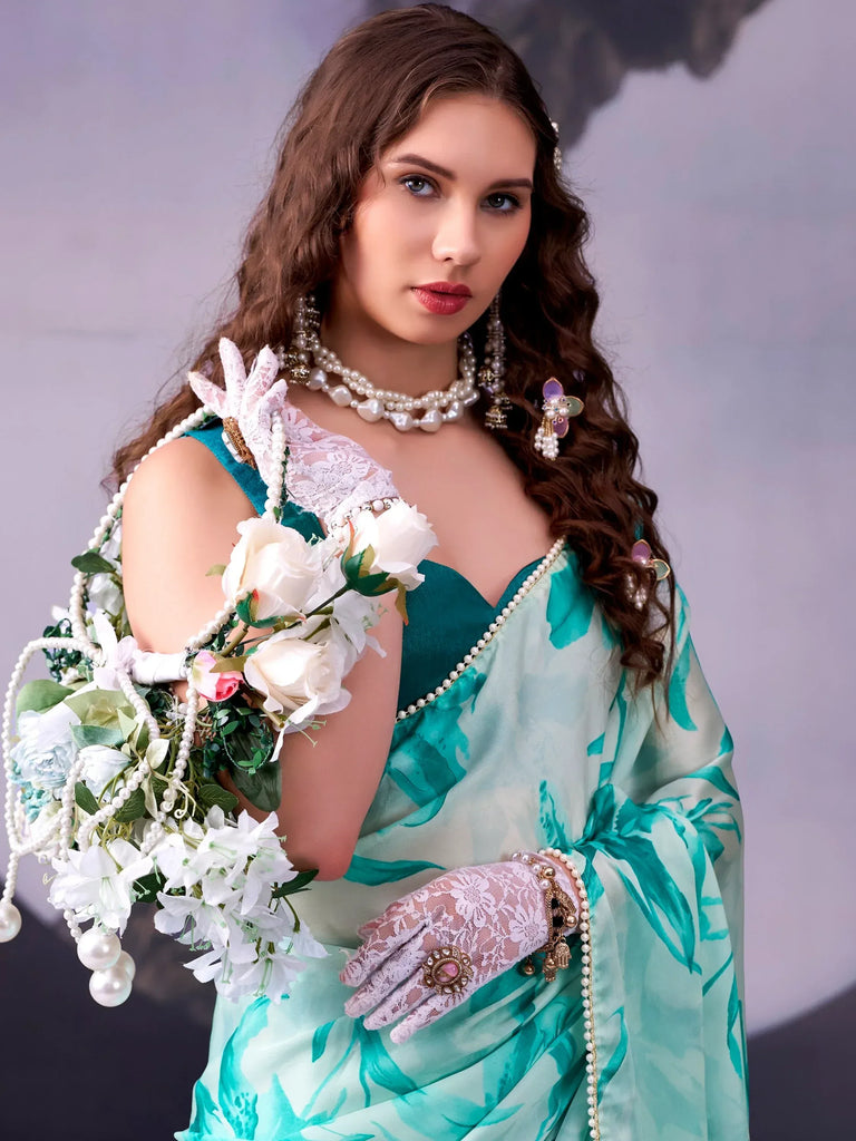 Fantabulous Teal Blue Floral Printed Satin Event Wear Saree With Blouse