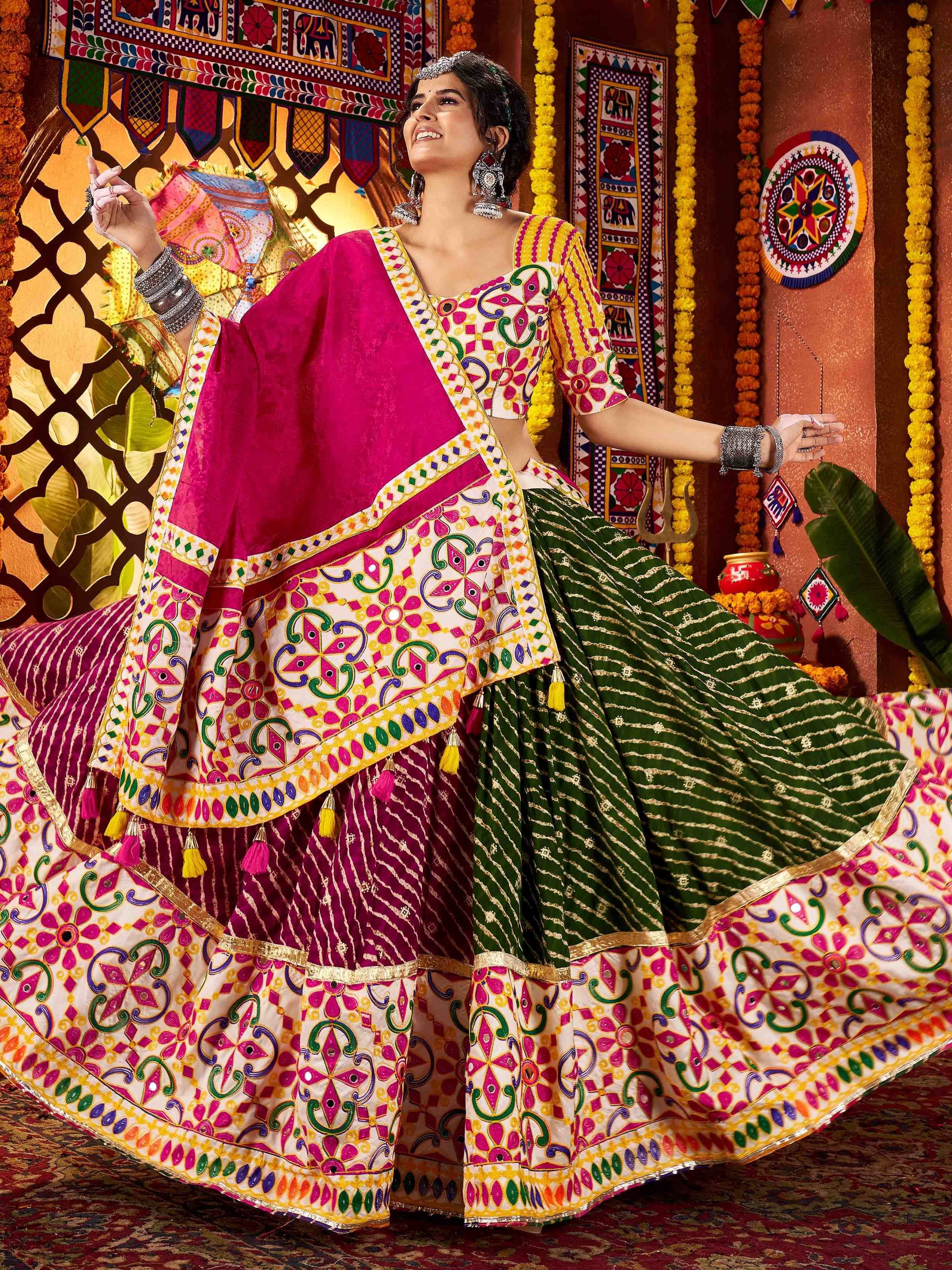 Colorful Indian ethnic lehenga choli with mirror work, perfect for festive occasions and traditional celebrations.