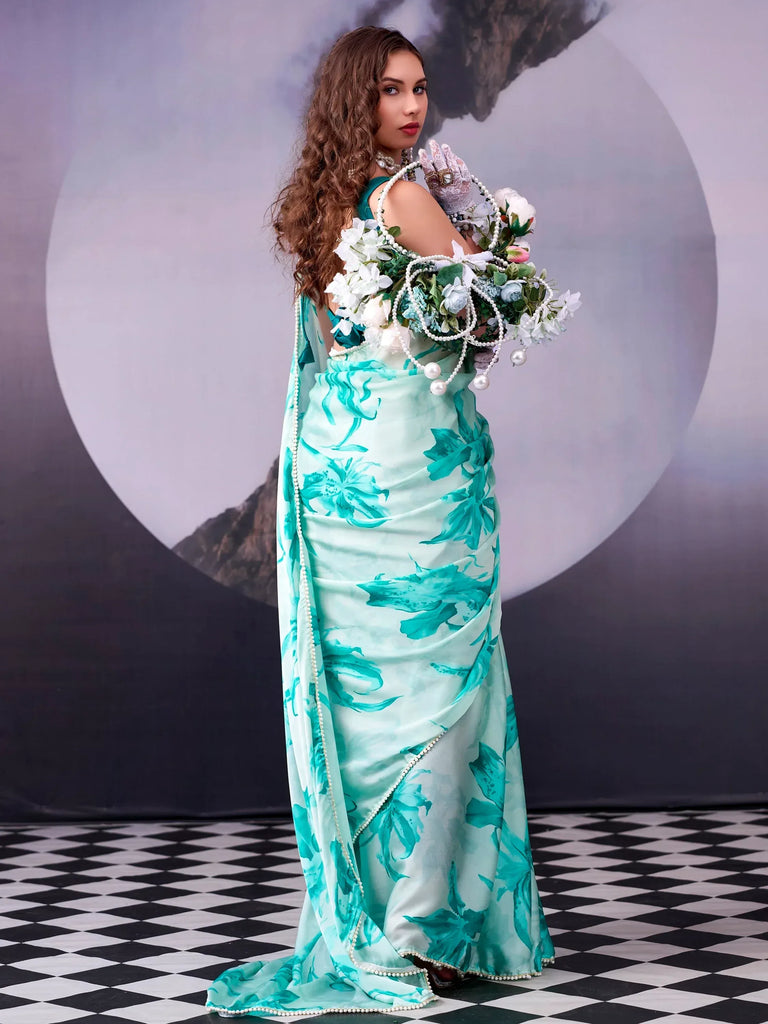 Fantabulous Teal Blue Floral Printed Satin Event Wear Saree With Blouse