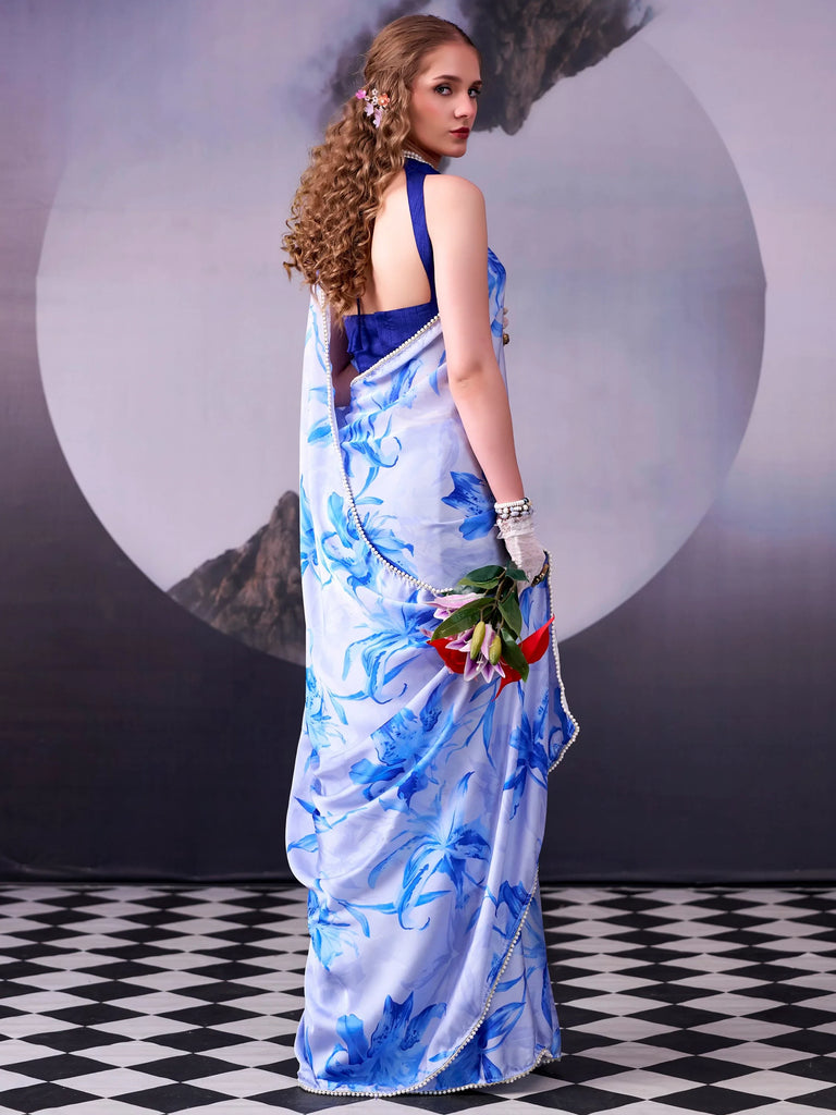 Magnetic Sky Blue Lace Border Satin Designer Saree With Blouse