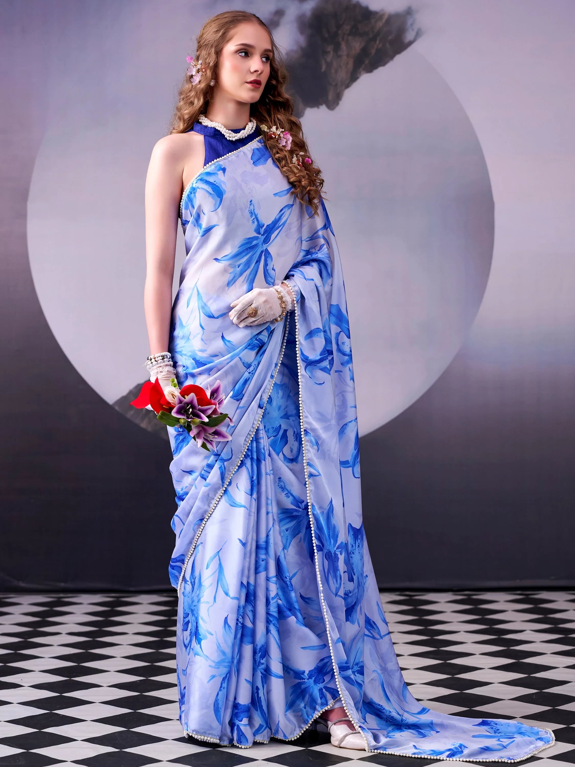 Magnetic Sky Blue Lace Border Satin Designer Saree With Blouse