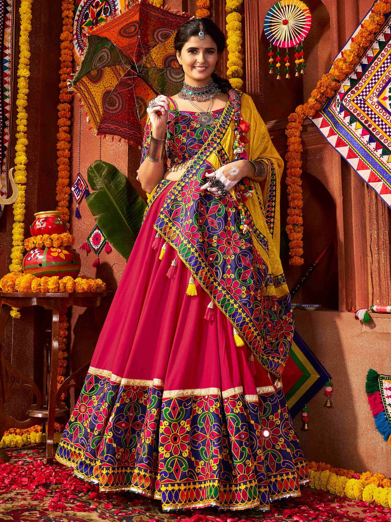 Glorious Red Cotton Embroidered Navratri Wear Lehenga Choli