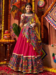 Glorious Red Cotton Embroidered Navratri Wear Lehenga Choli