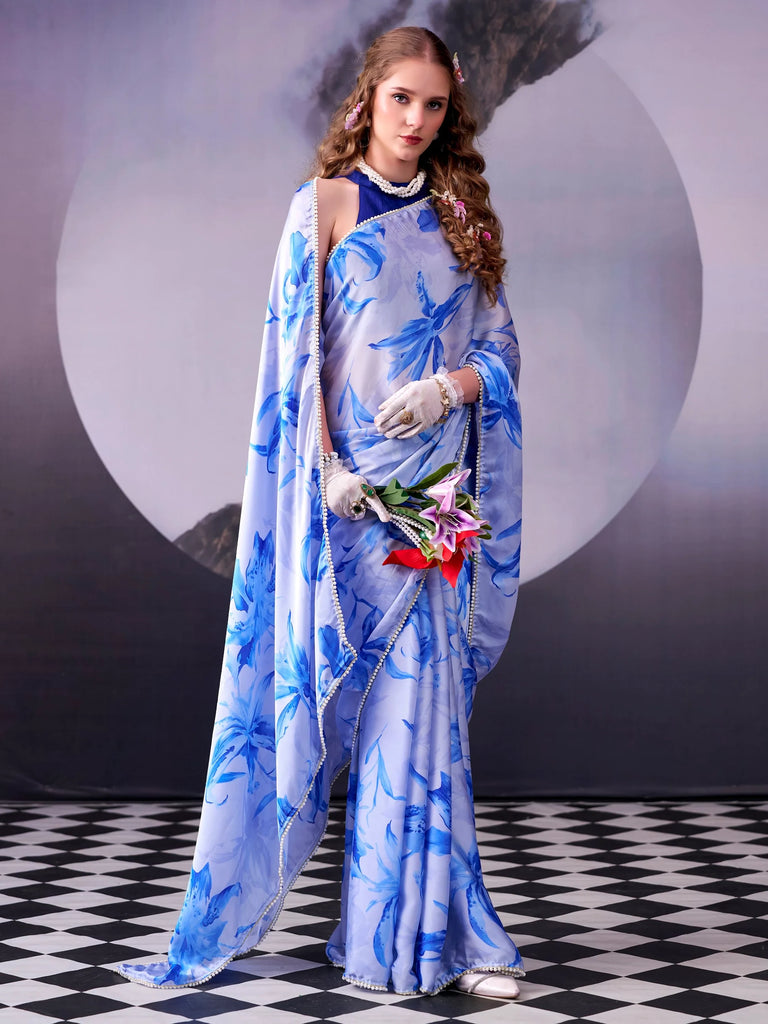 Magnetic Sky Blue Lace Border Satin Designer Saree With Blouse