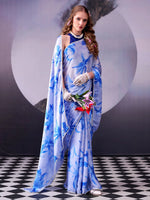 Magnetic Sky Blue Lace Border Satin Designer Saree With Blouse