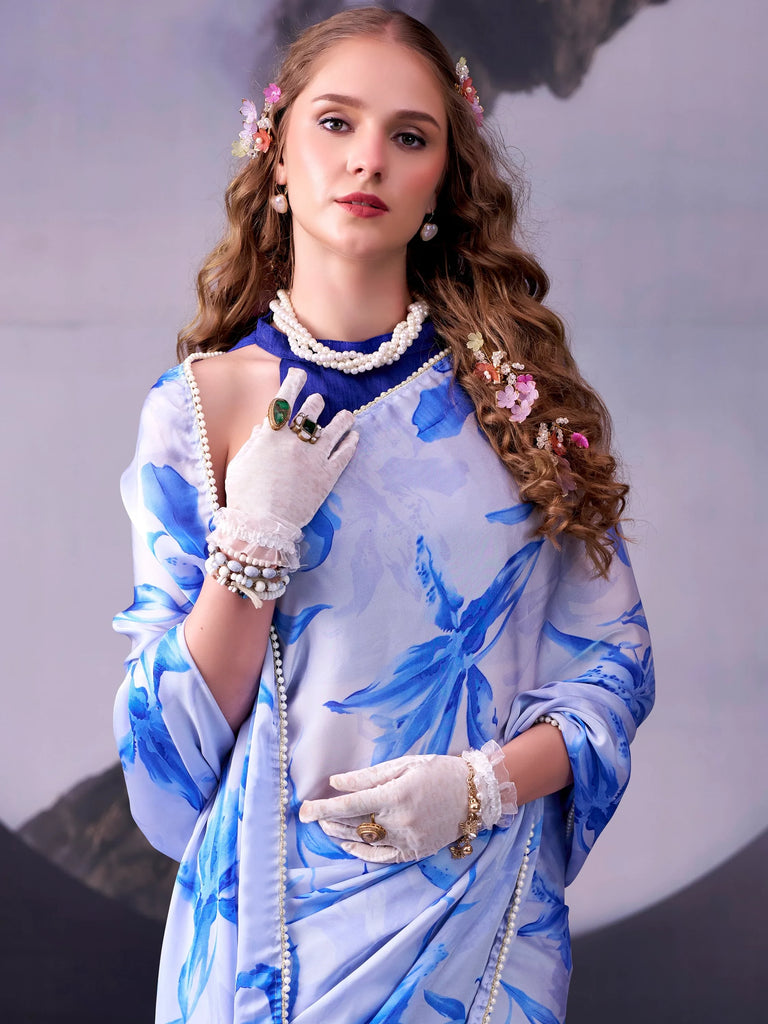 Magnetic Sky Blue Lace Border Satin Designer Saree With Blouse