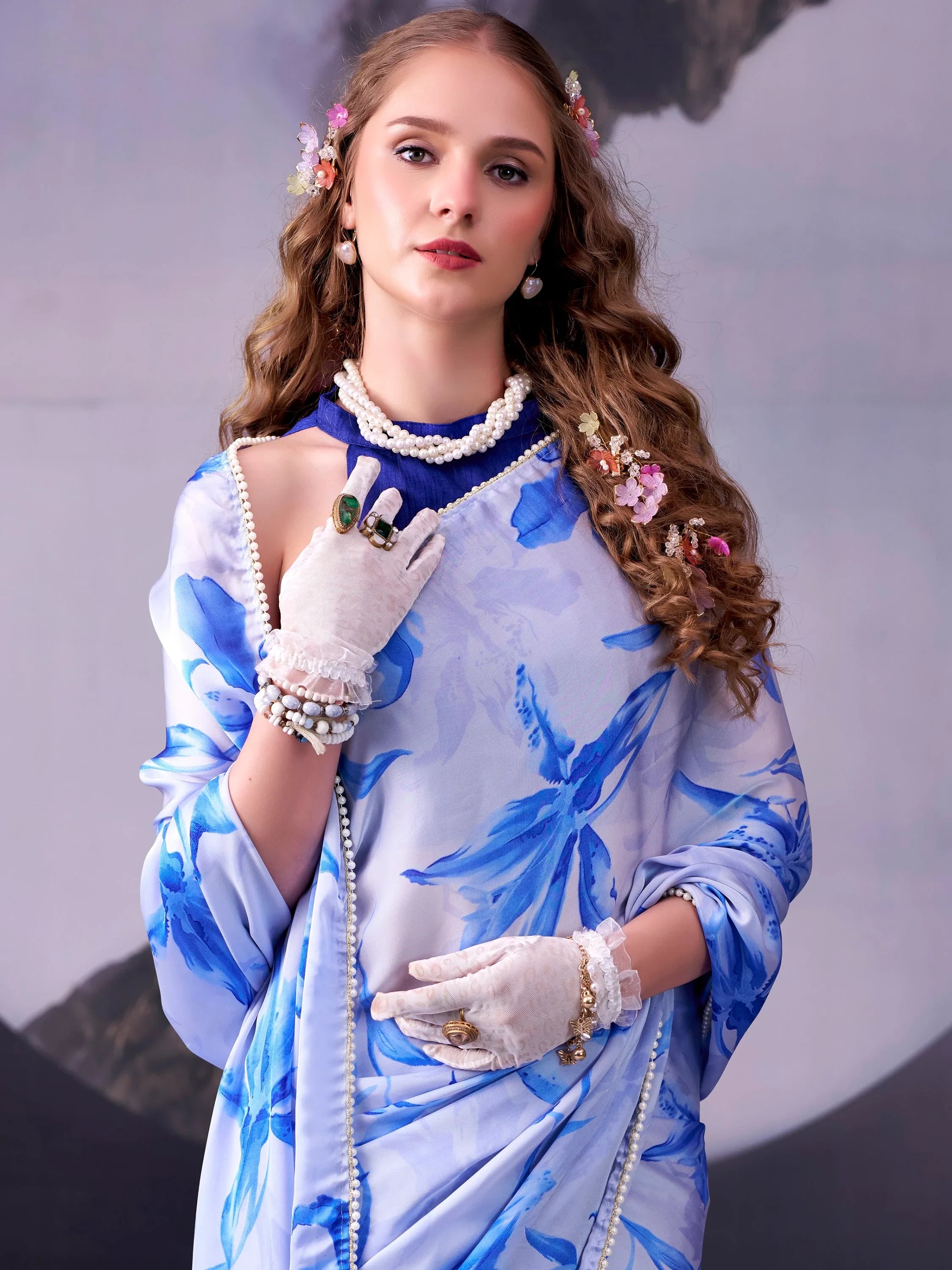 Magnetic Sky Blue Lace Border Satin Designer Saree With Blouse