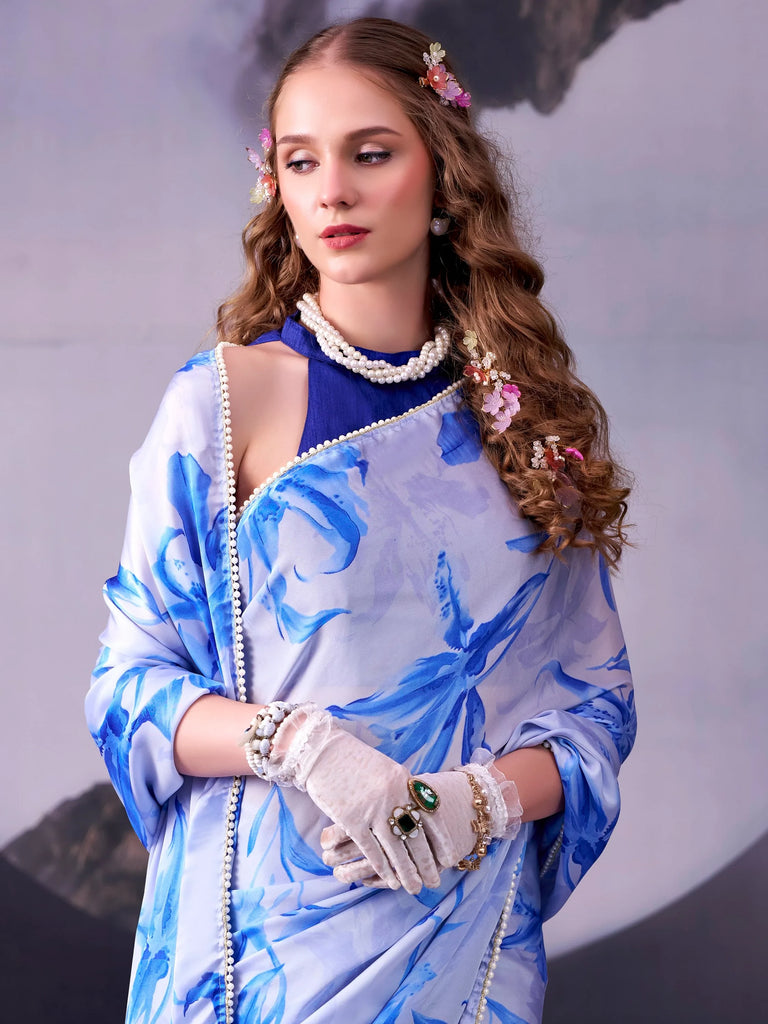 Magnetic Sky Blue Lace Border Satin Designer Saree With Blouse