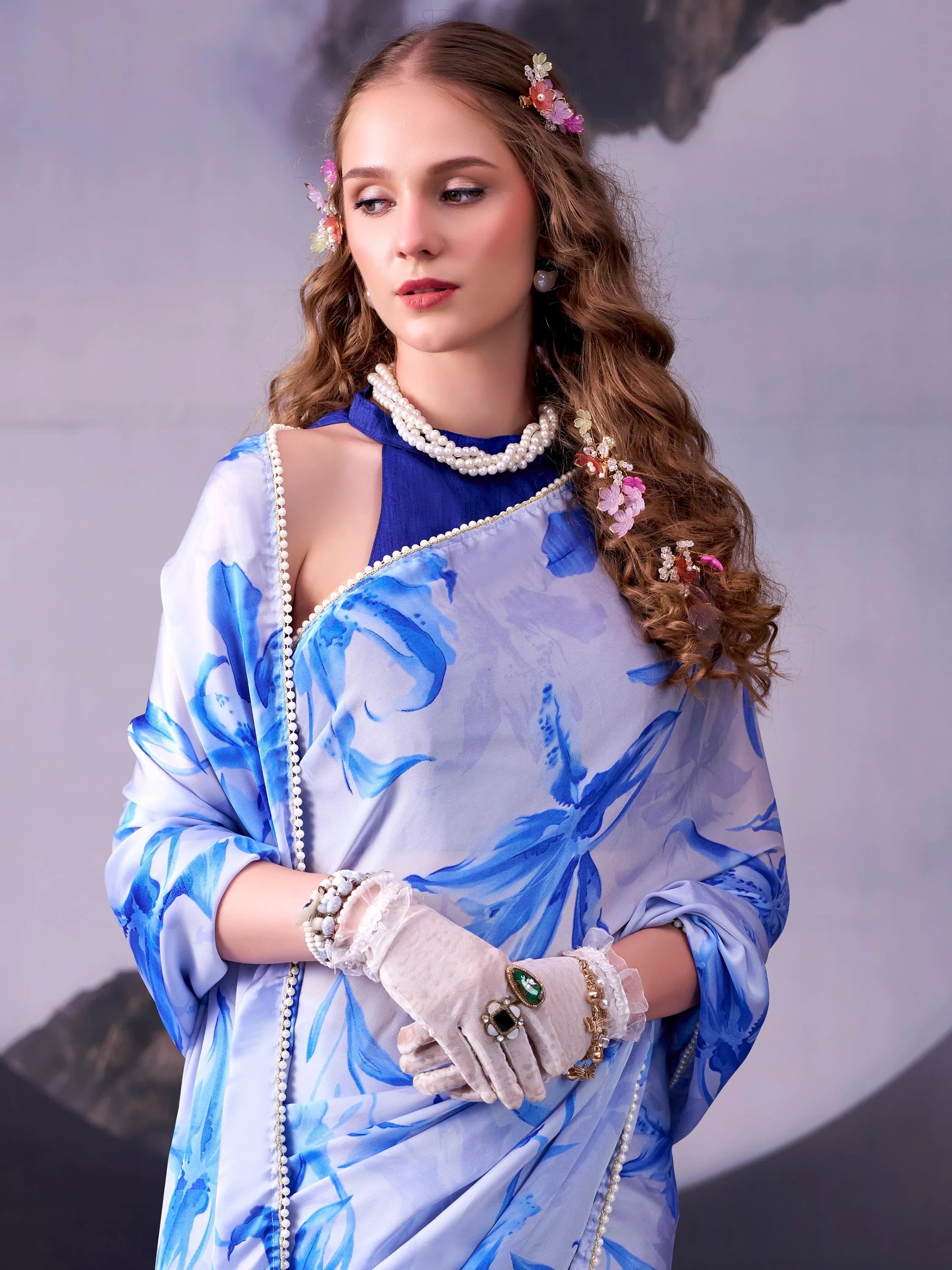 Magnetic Sky Blue Lace Border Satin Designer Saree With Blouse