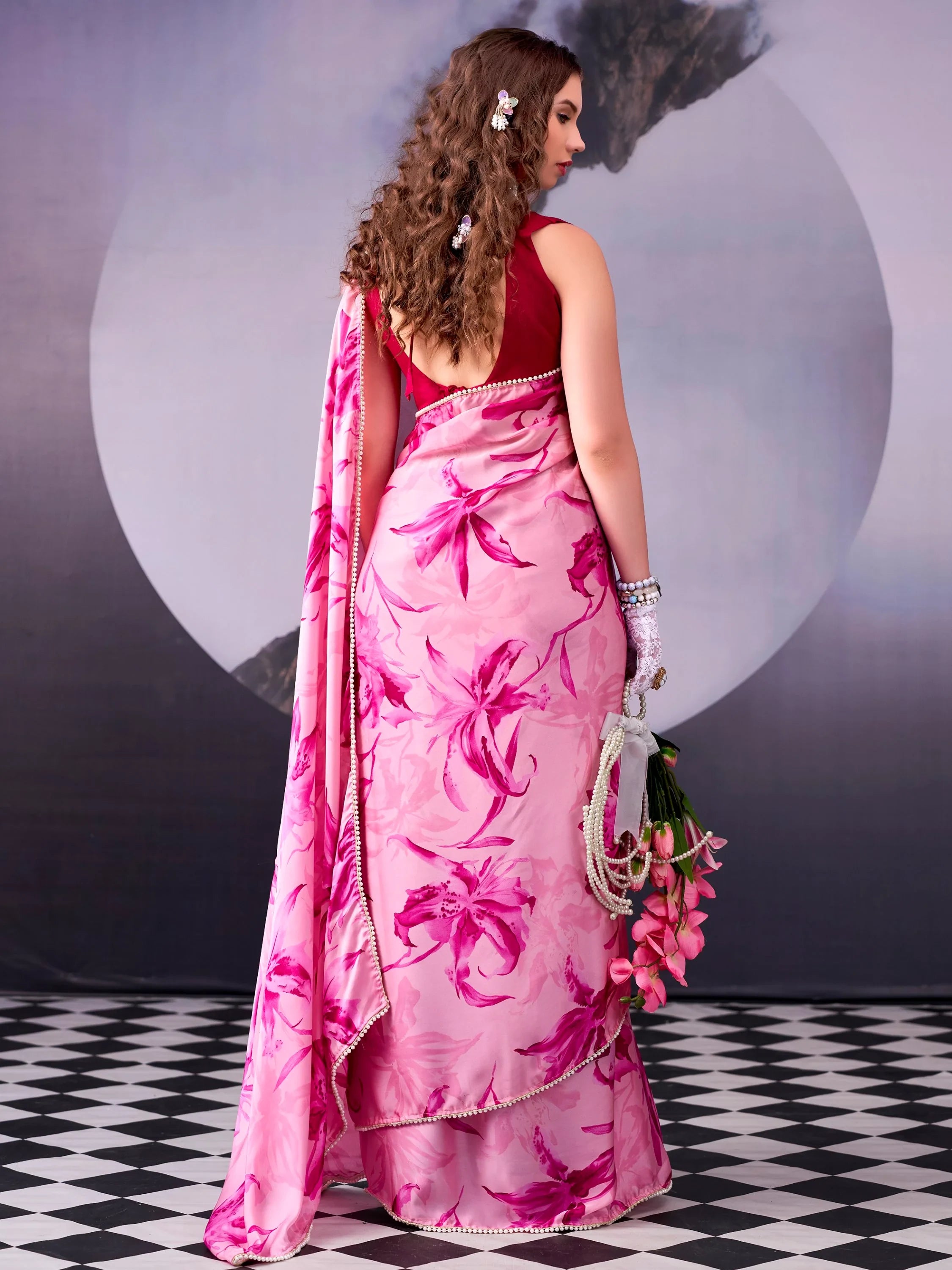 Awesome Pink Floral Printed Satin Festive Wear Saree With Blouse