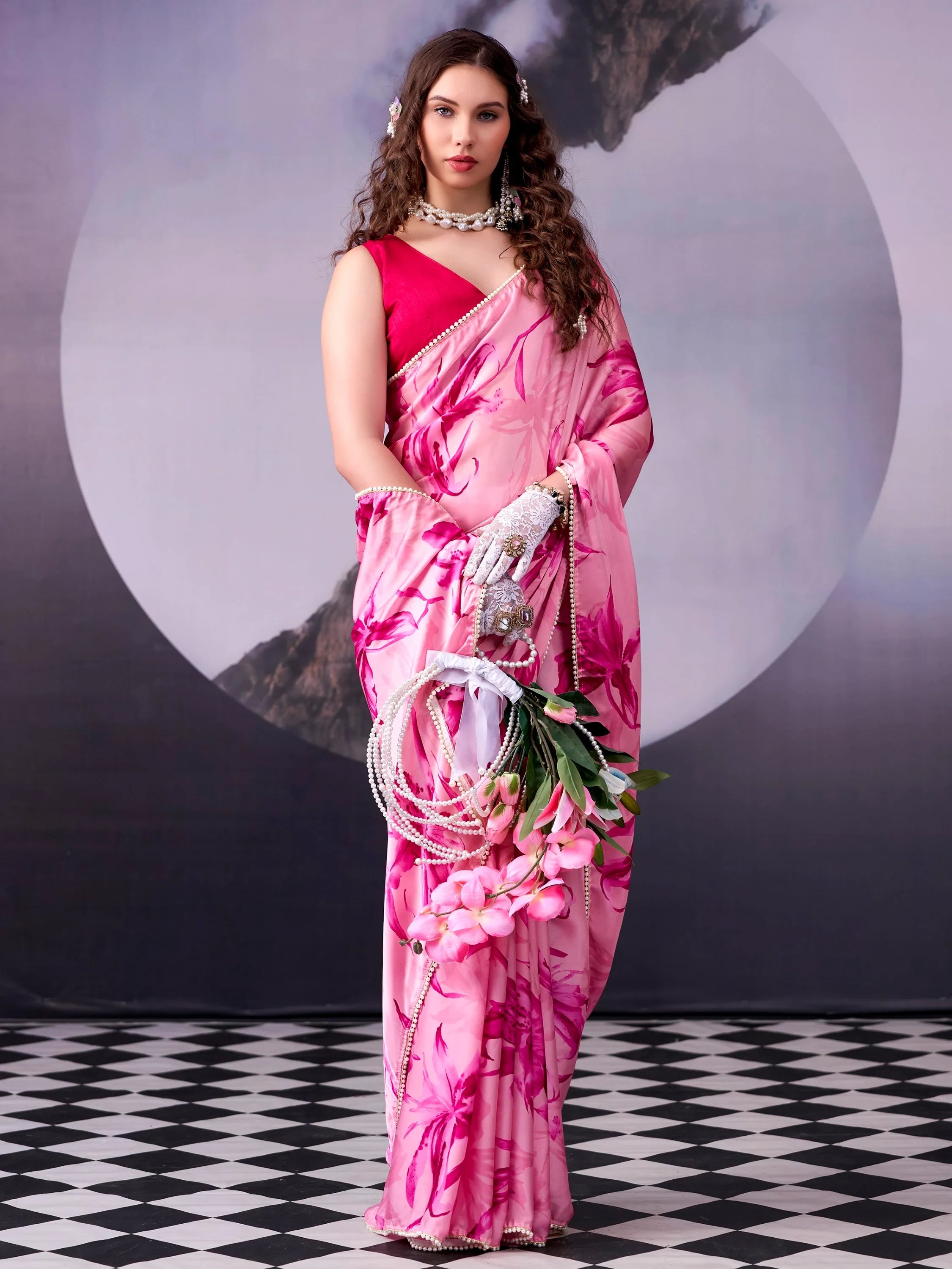 Awesome Pink Floral Printed Satin Festive Wear Saree With Blouse