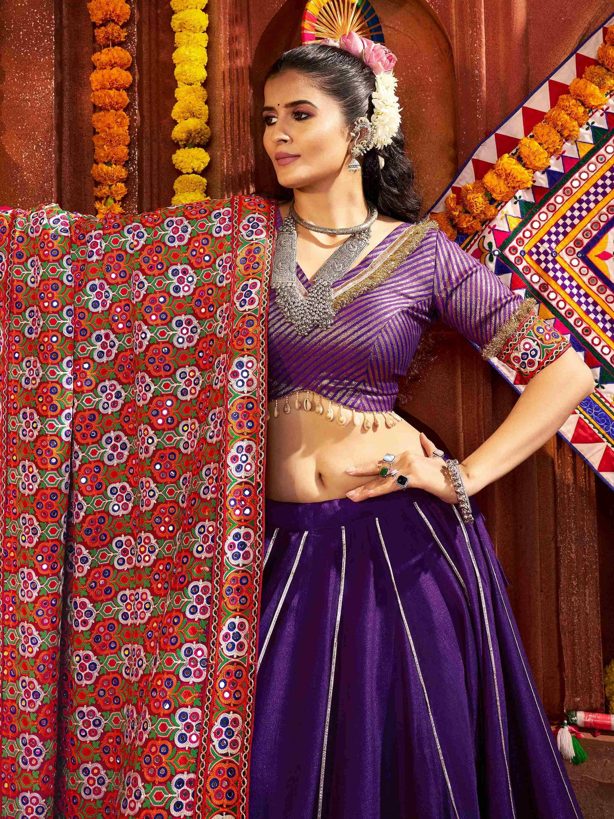 Purple designer lehenga choli with mirror work dupatta, ethnic Indian wear for festivals