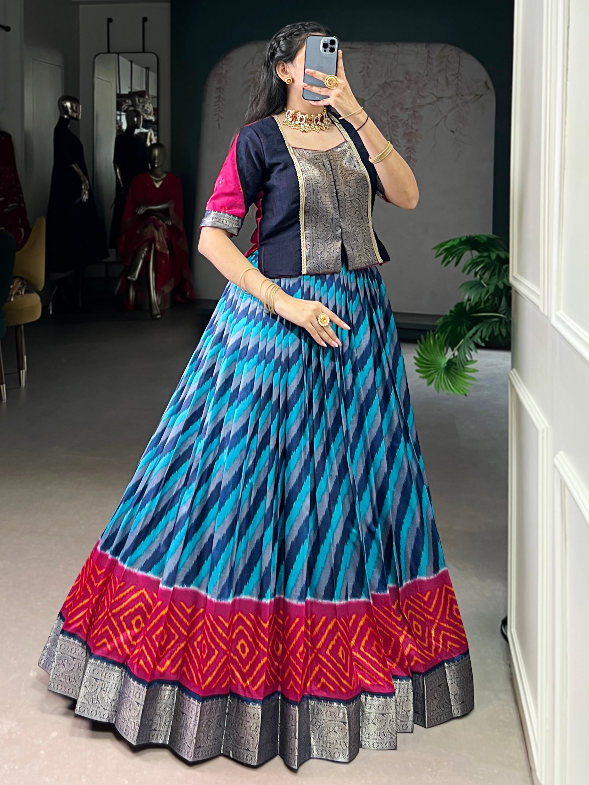 Awesome Sky Blue Leheriya Printed Silk Traditional Lehenga Choli