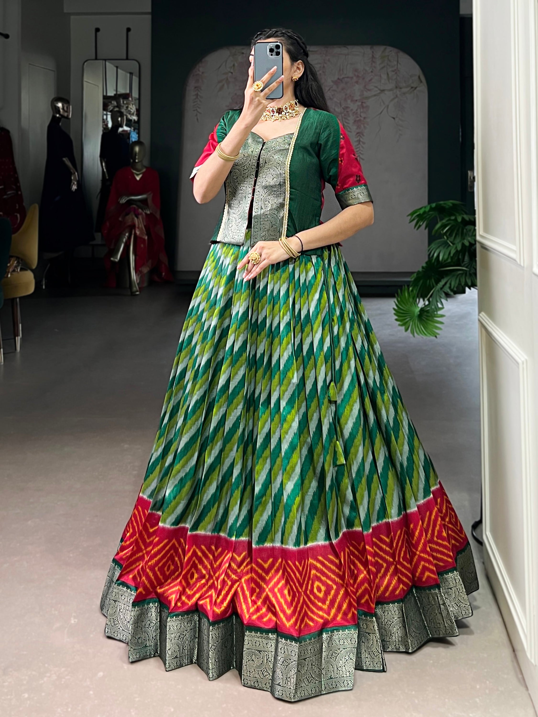 Stunning Green Leheriya Printed Silk Festive Wear Lehenga Choli