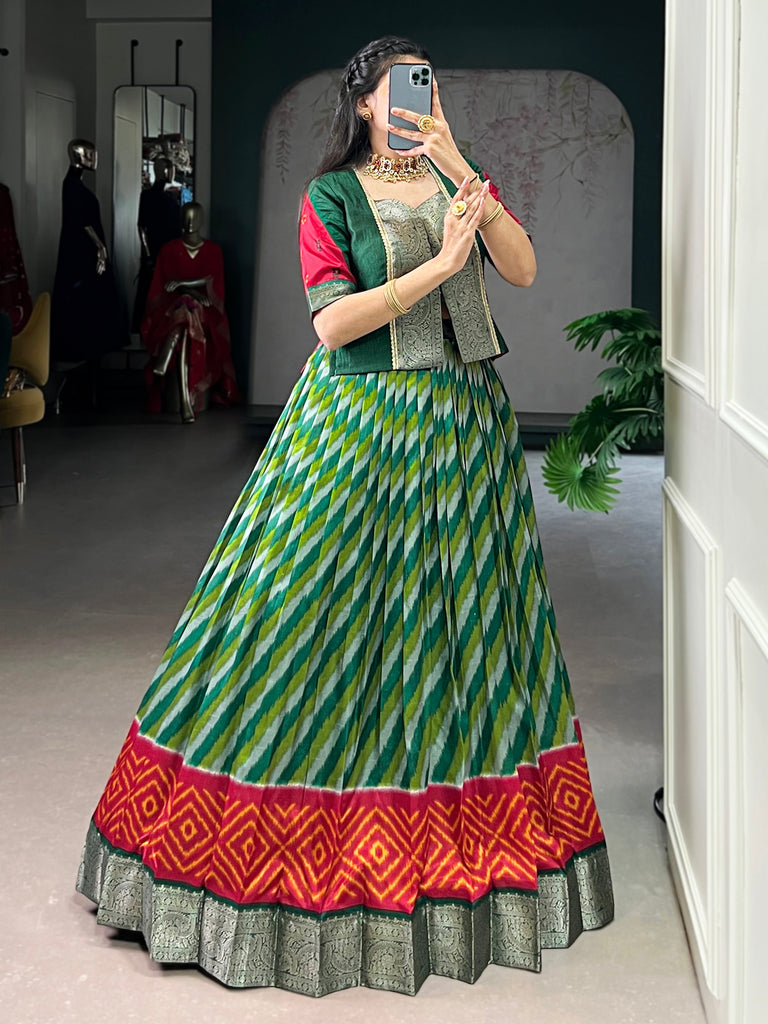 Stunning Green Leheriya Printed Silk Festive Wear Lehenga Choli
