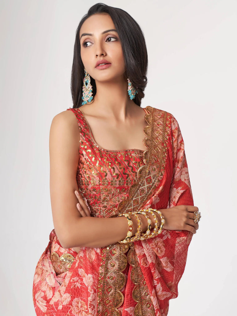 Charming Red Floral Printed Organza Occasion Wear Saree