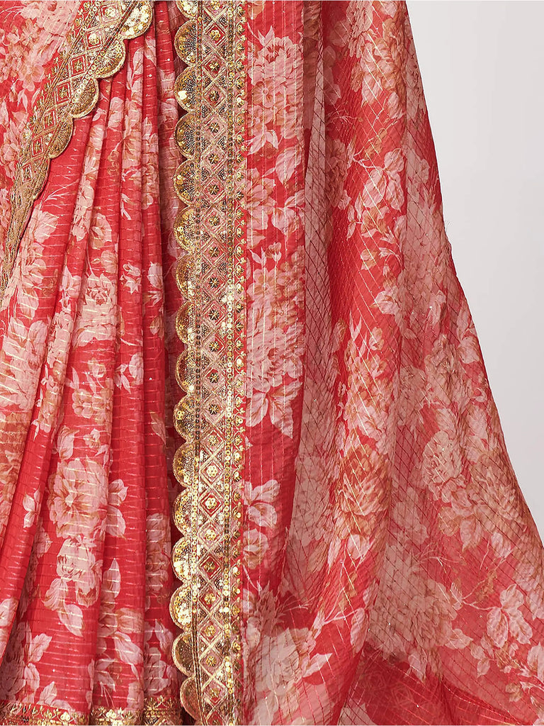 Charming Red Floral Printed Organza Occasion Wear Saree