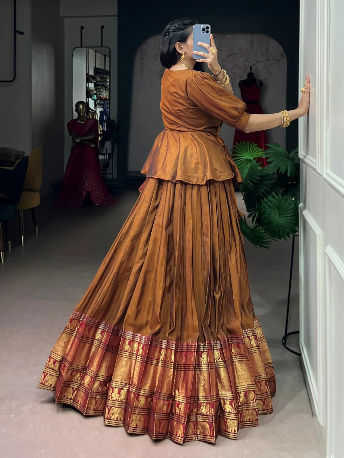 Beautiful Brown Zari Weaving Cotton Function Wear Crop Top Lehenga