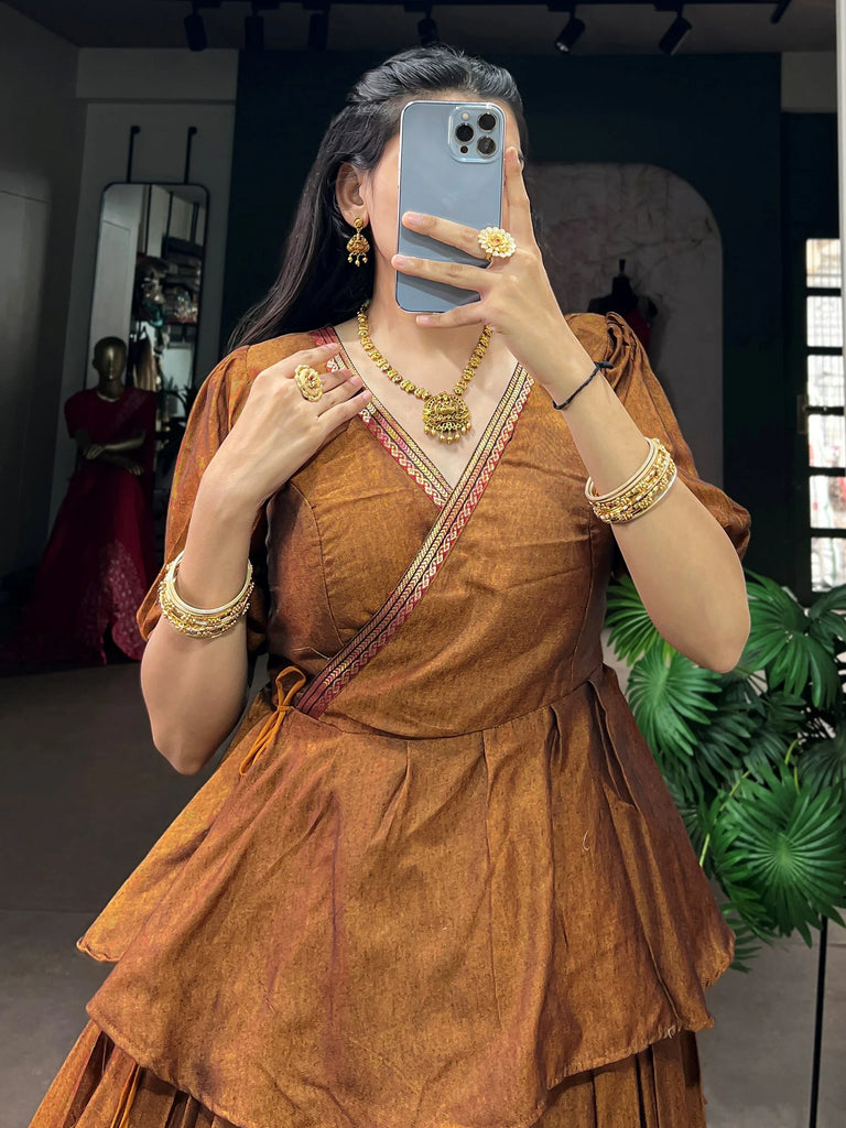 Beautiful Brown Zari Weaving Cotton Function Wear Crop Top Lehenga
