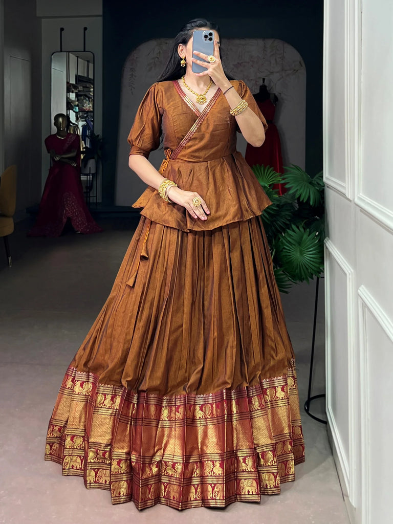 Beautiful Brown Zari Weaving Cotton Function Wear Crop Top Lehenga