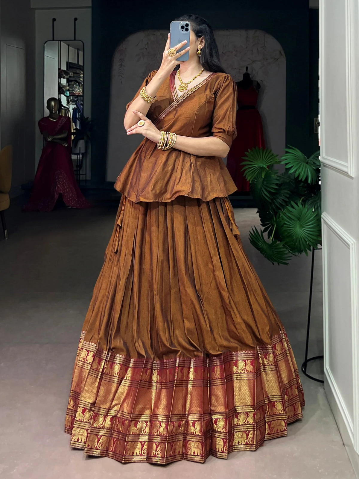 Beautiful Brown Zari Weaving Cotton Function Wear Crop Top Lehenga