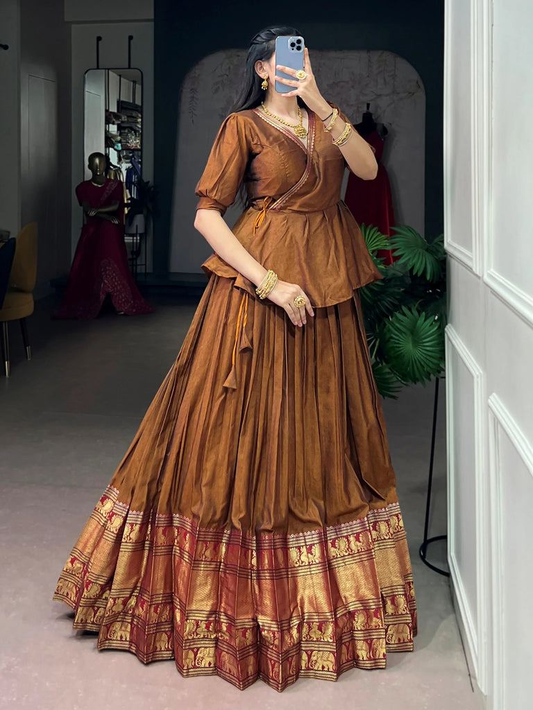 Beautiful Brown Zari Weaving Cotton Function Wear Crop Top Lehenga
