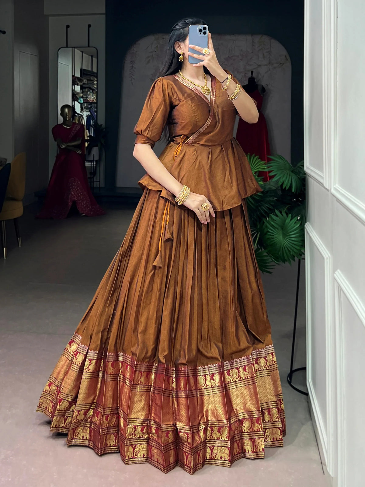 Beautiful Brown Zari Weaving Cotton Function Wear Crop Top Lehenga