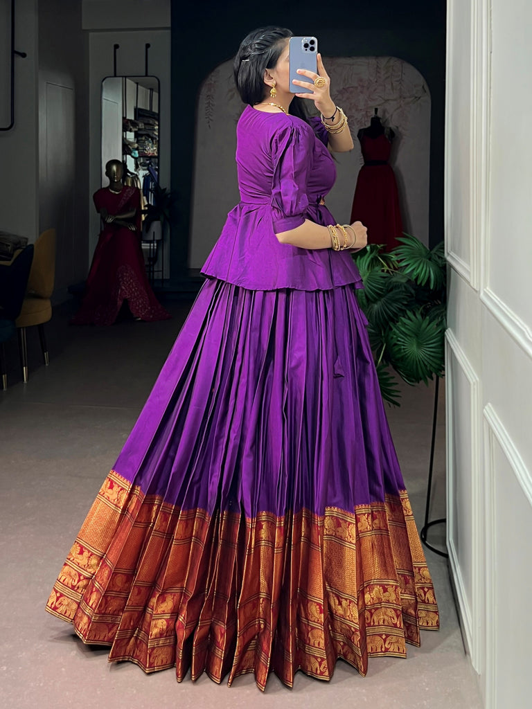 Lovable Purple Zari Weaving Cotton Festive Wear Crop Top Lehenga