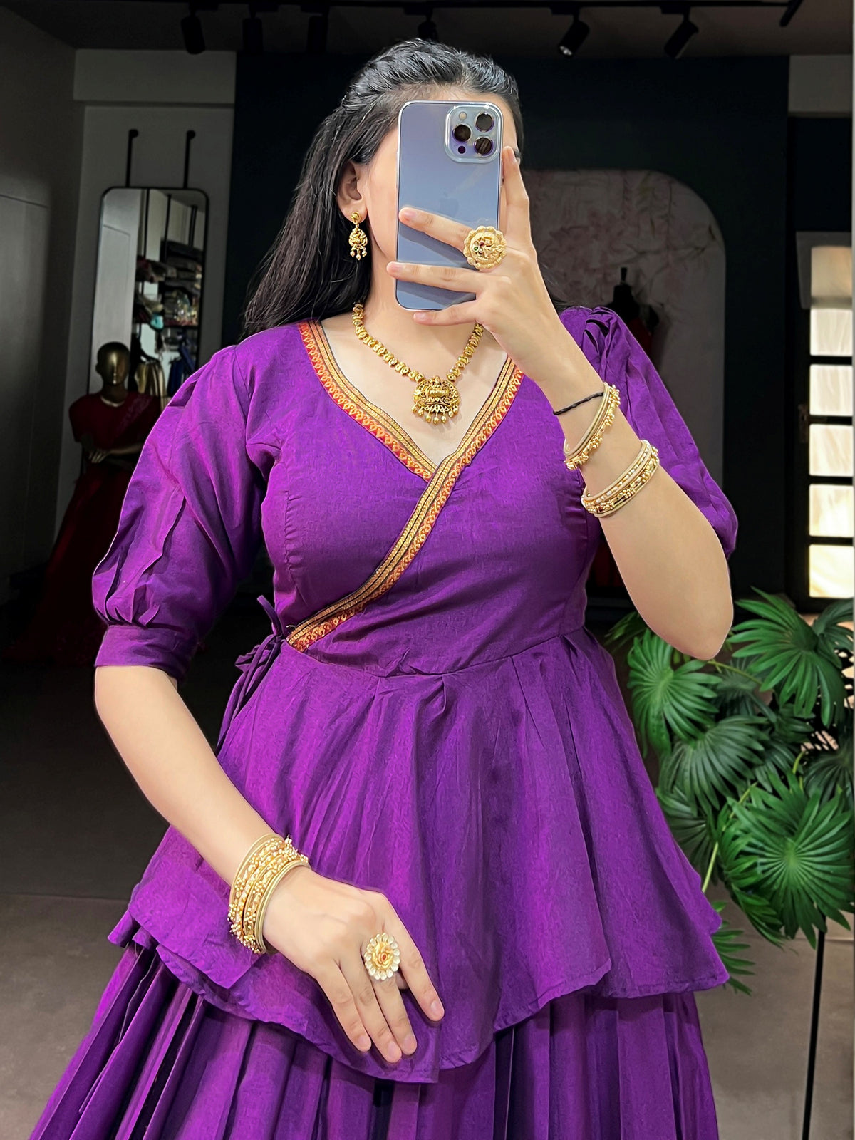 Lovable Purple Zari Weaving Cotton Festive Wear Crop Top Lehenga
