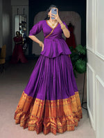 Lovable Purple Zari Weaving Cotton Festive Wear Crop Top Lehenga