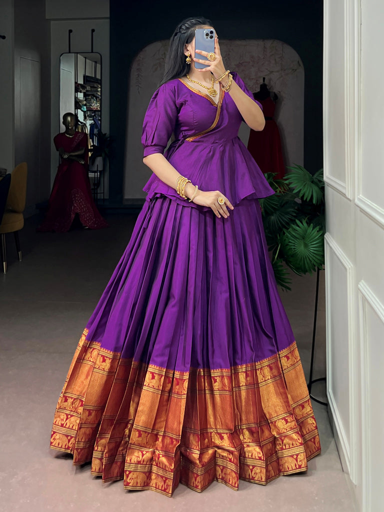 Lovable Purple Zari Weaving Cotton Festive Wear Crop Top Lehenga
