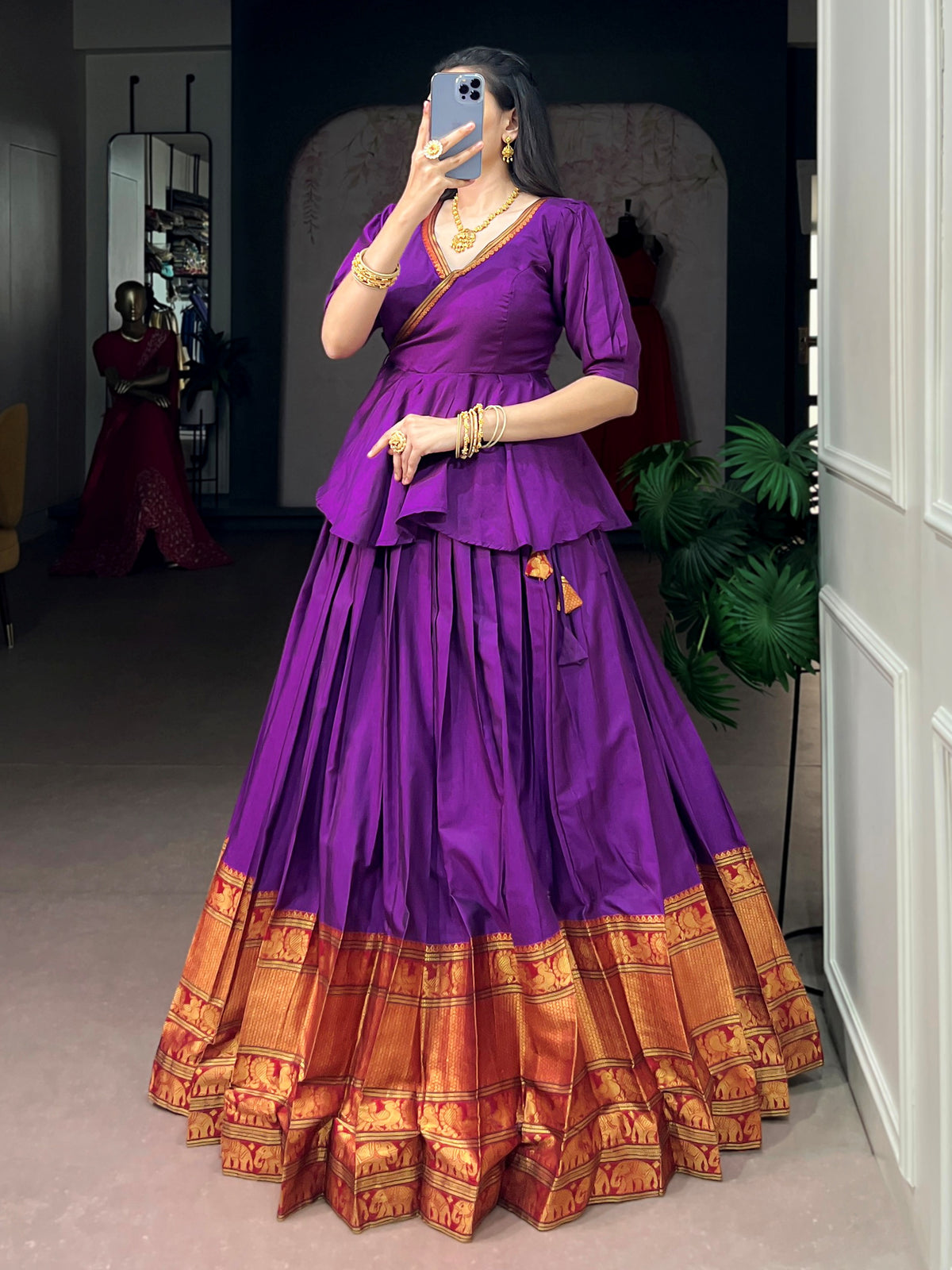 Lovable Purple Zari Weaving Cotton Festive Wear Crop Top Lehenga