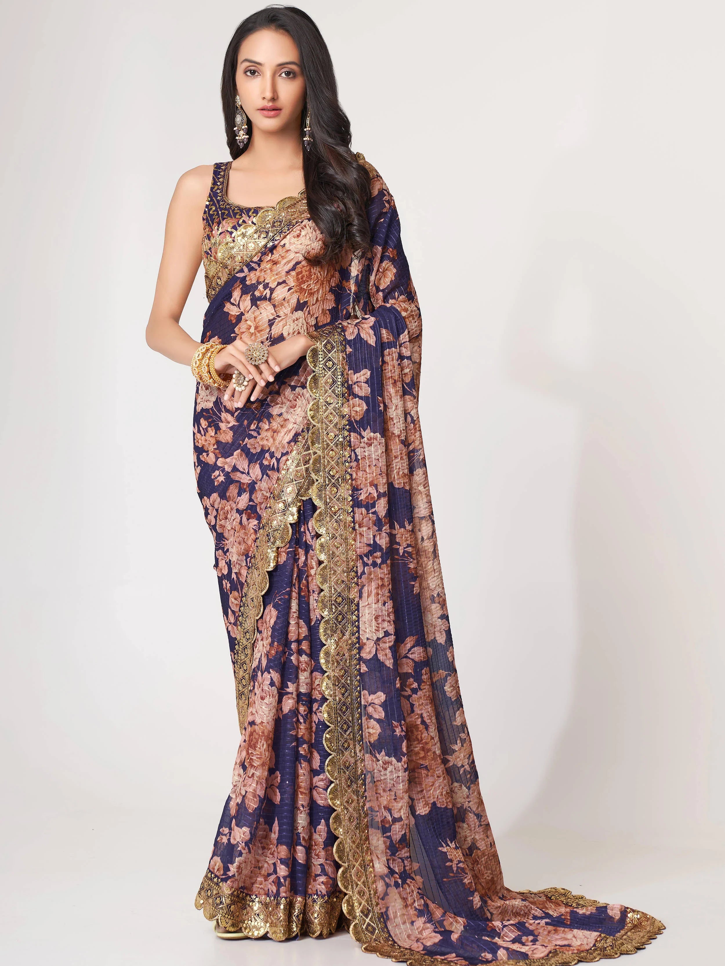 Adorable Purple Floral Printed Organza Ceremony Wear Saree