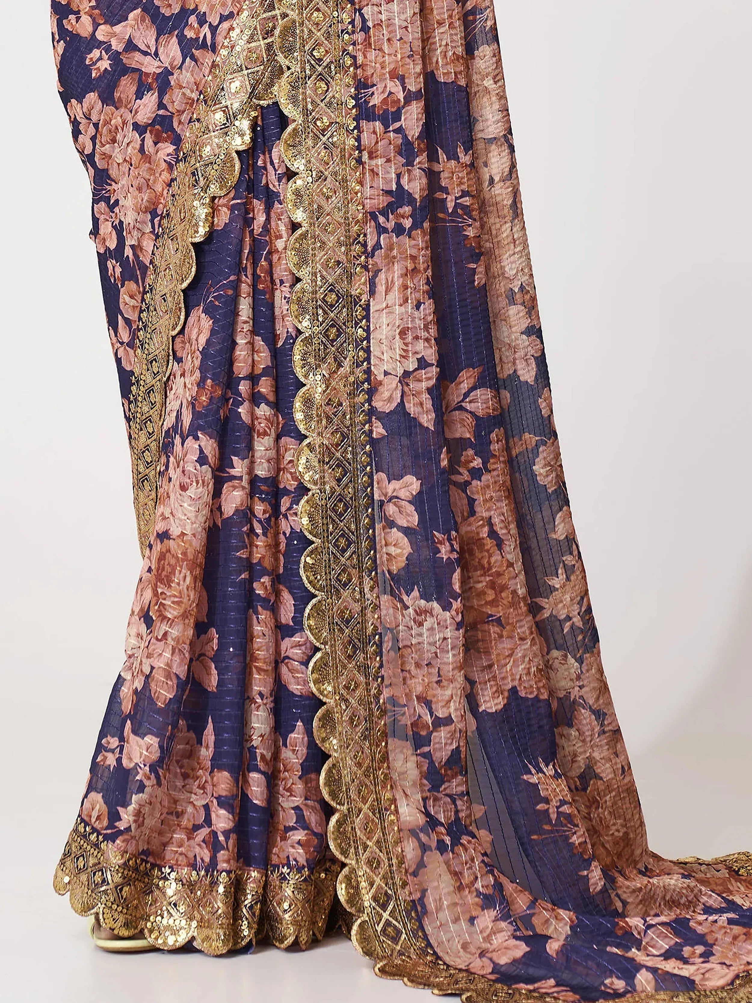 Navy blue lehenga with pink floral print and gold embroidery, Indian ethnic wear