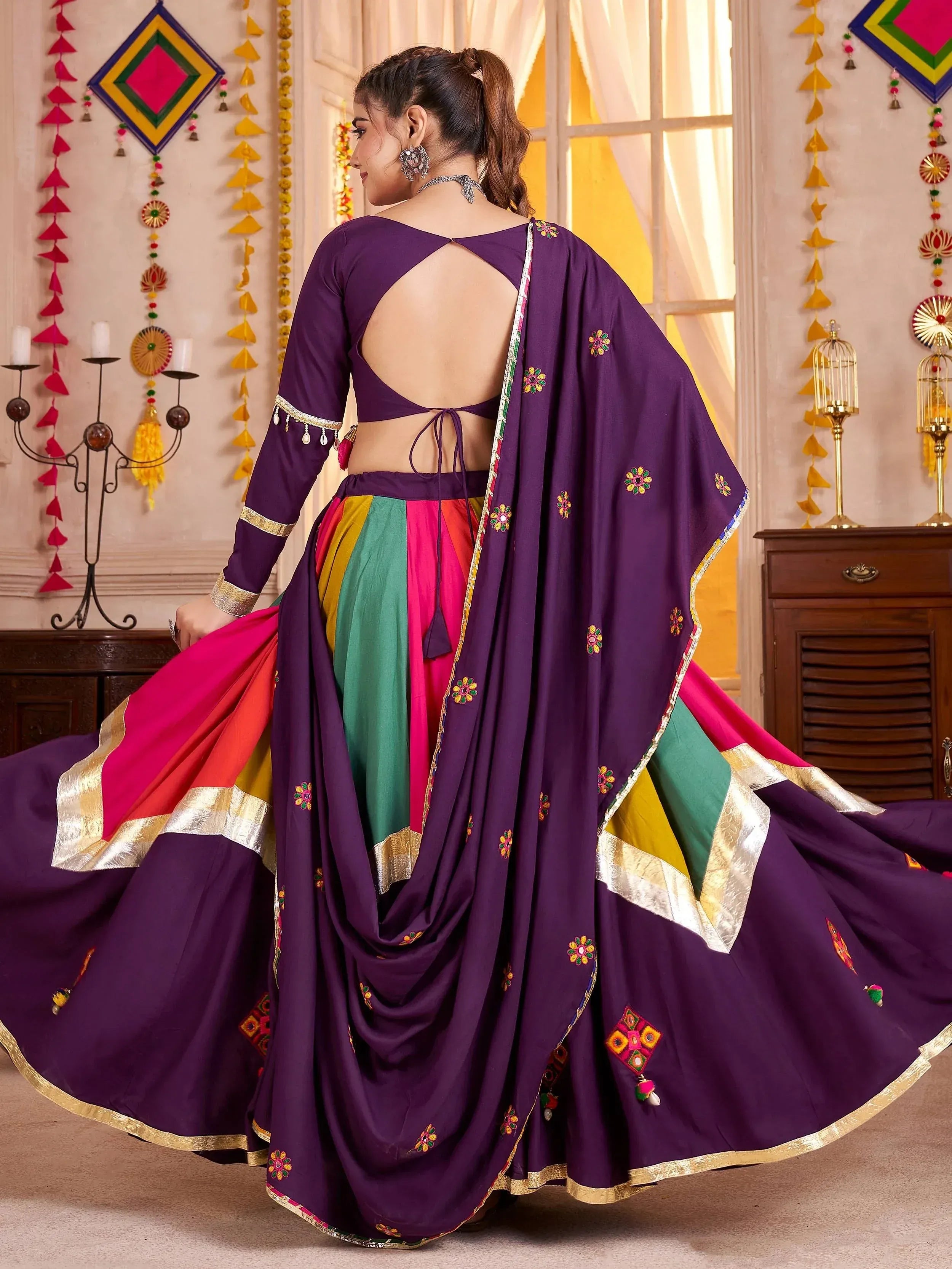 Purple embroidered lehenga choli with colorful skirt and backless blouse, Indian ethnic wear