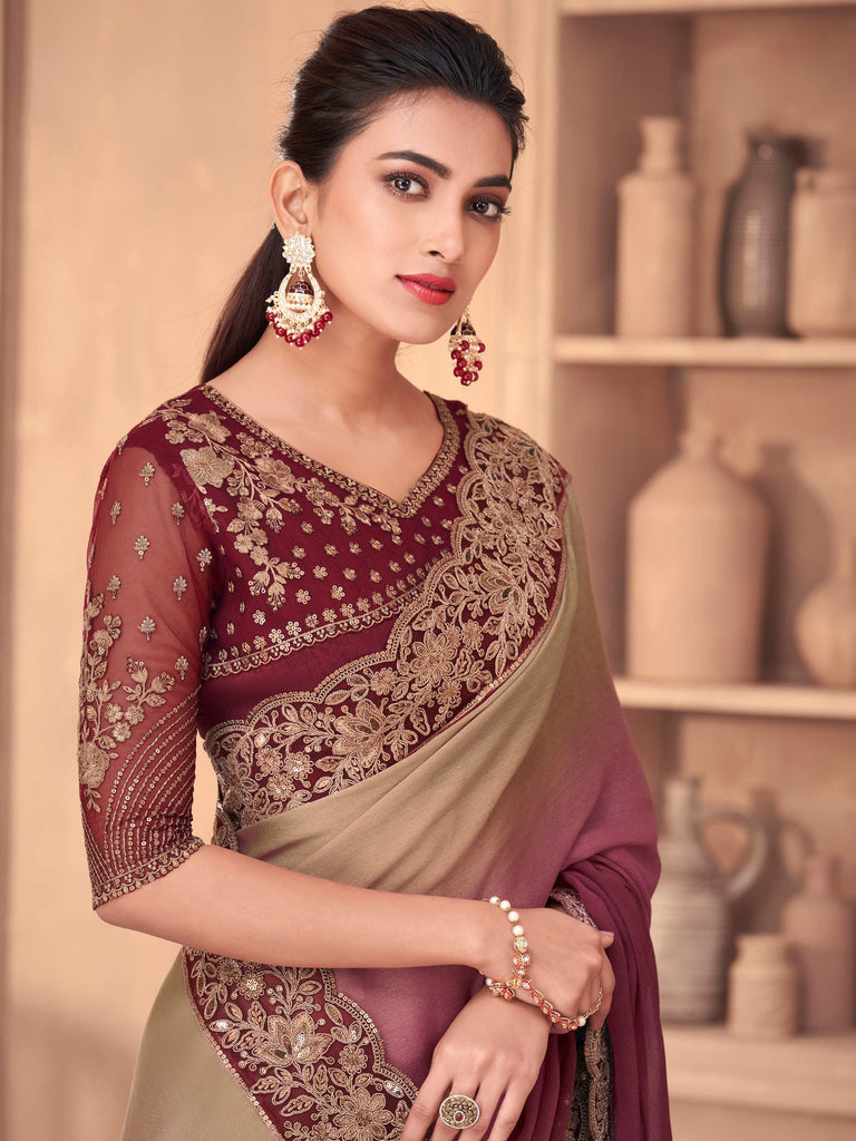 Charming Purple Embroidered Silk Wedding Wear Saree With Blouse 