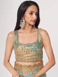 Endearing Sky Blue Floral Printed Organza Carnival Wear Saree