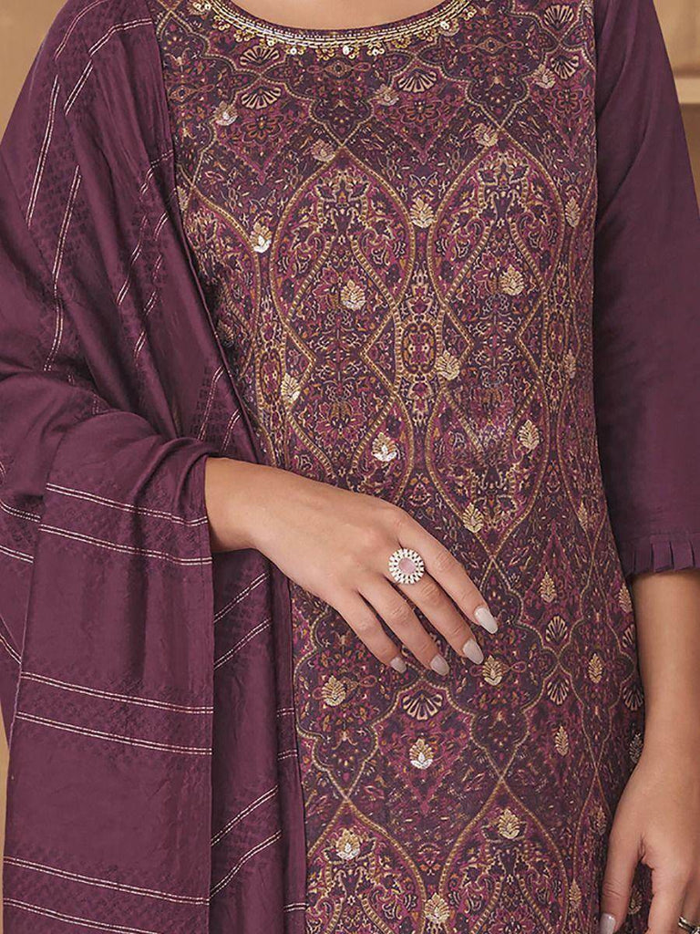 Galvanic Wine Embroidered Russian Silk Festive Wear Salwar kameez
