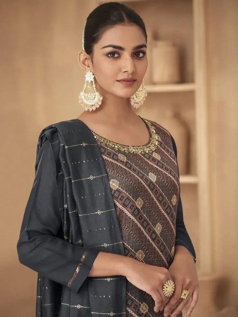 Riveting Grey Jacquard Russian Silk Festival Wear Salwar Kameez