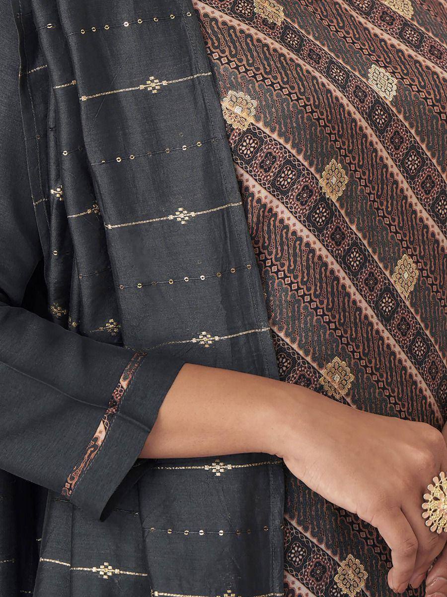 Black ethnic salwar kameez with gold embroidery and printed dupatta, perfect for Indian occasions