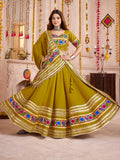 Wonderful Olive Green Lace Work Cotton Lehenga Choli With Dupatta