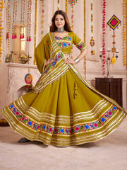 Wonderful Olive Green Lace Work Cotton Lehenga Choli With Dupatta