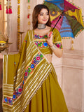 Wonderful Olive Green Lace Work Cotton Lehenga Choli With Dupatta