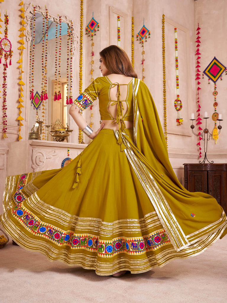 Wonderful Olive Green Lace Work Cotton Lehenga Choli With Dupatta