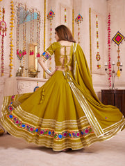 Wonderful Olive Green Lace Work Cotton Lehenga Choli With Dupatta