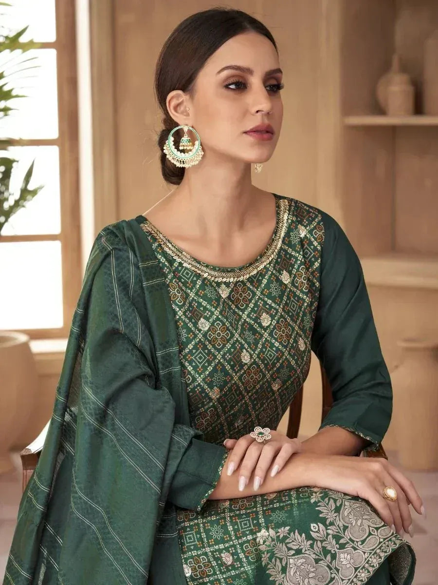 Green embroidered salwar kameez with dupatta, ethnic Indian wear for women